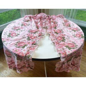 Vintage 70s pleated curtains, cabbage roses pink floral, ruffle double panels